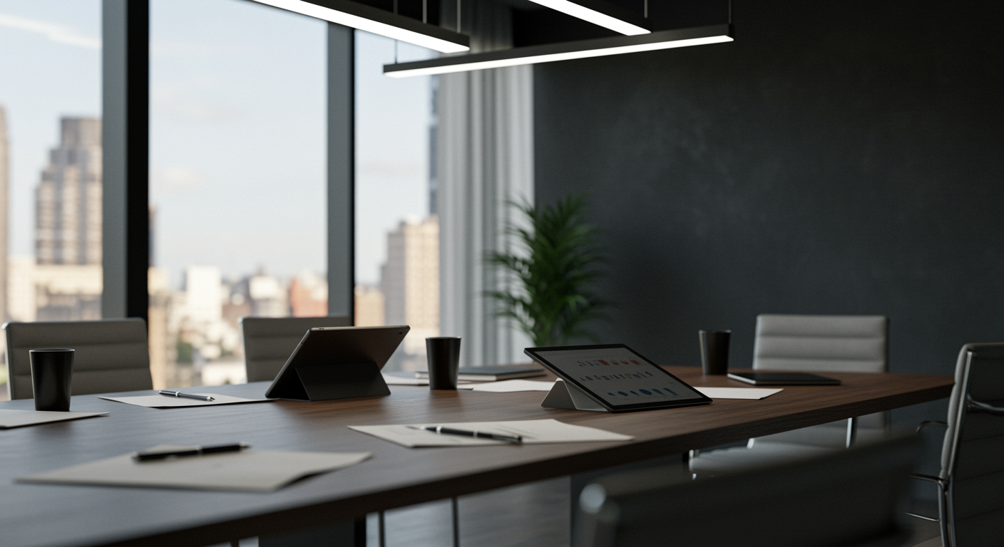 Modern professional conference room prepared for insurance appraisal support with natural lighting and organized workspace, no people
