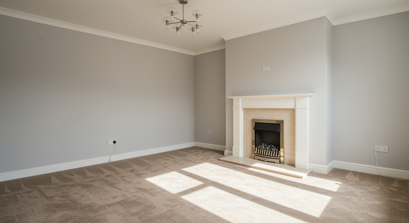 Restored living room with soft gray walls and new beige carpet after fire damage insurance claim