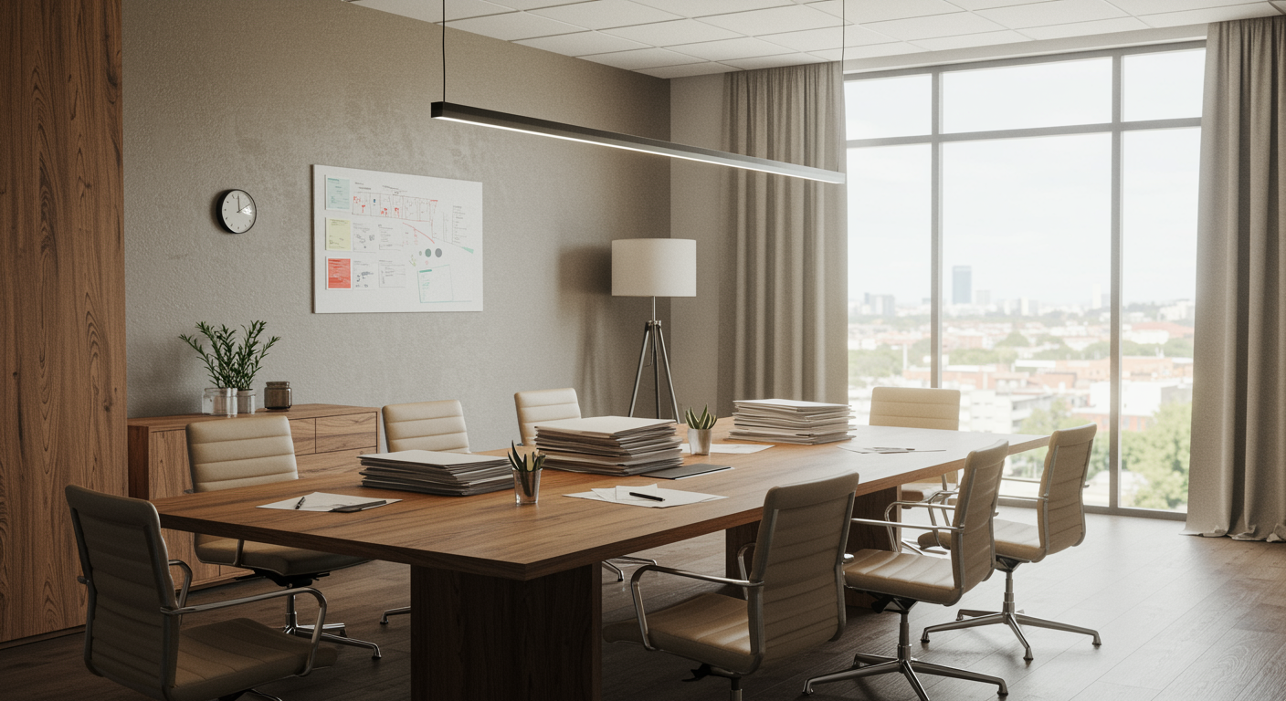 Modern insurance office conference room with organized paperwork highlights full claims navigation and documentation service