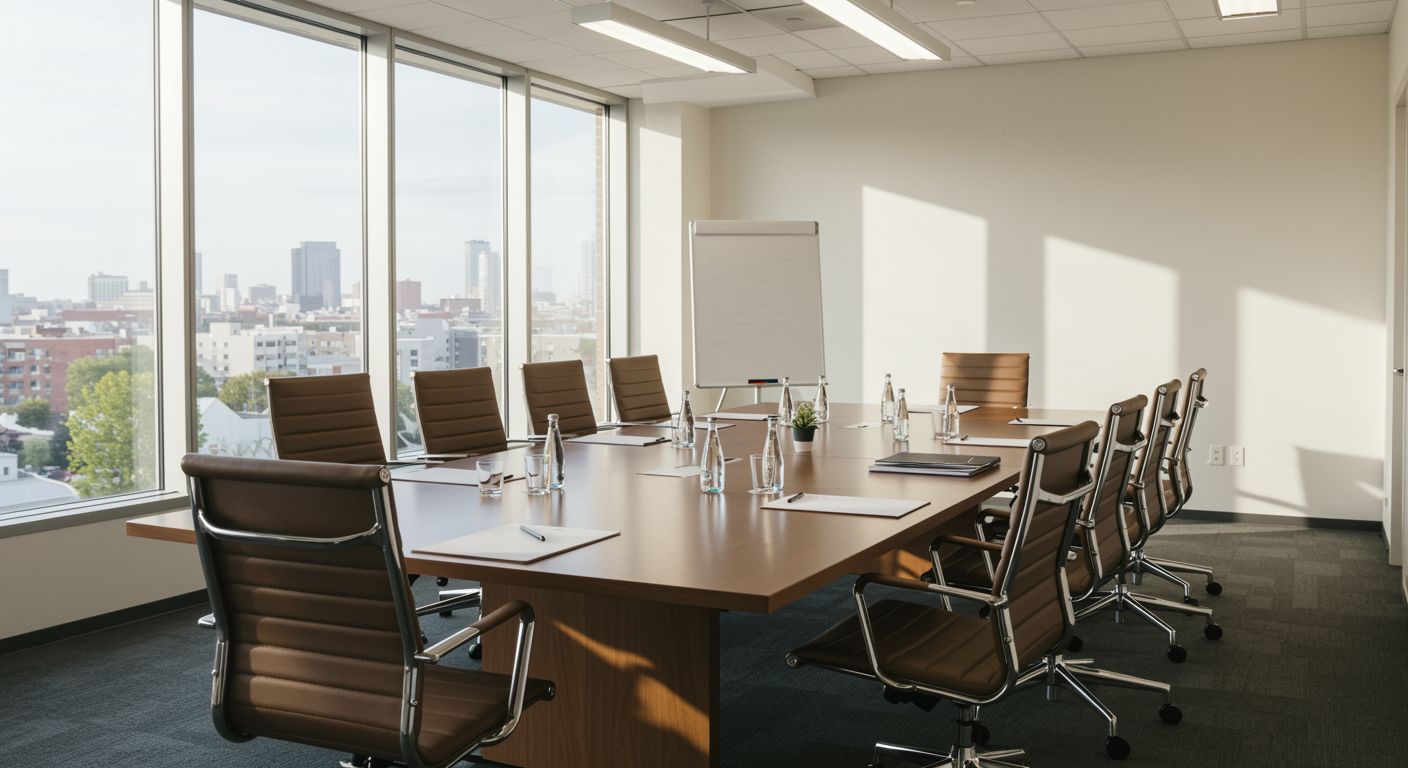 Professional insurance consulting office with conference table, comfortable chairs, and organized documents in a bright, modern setting