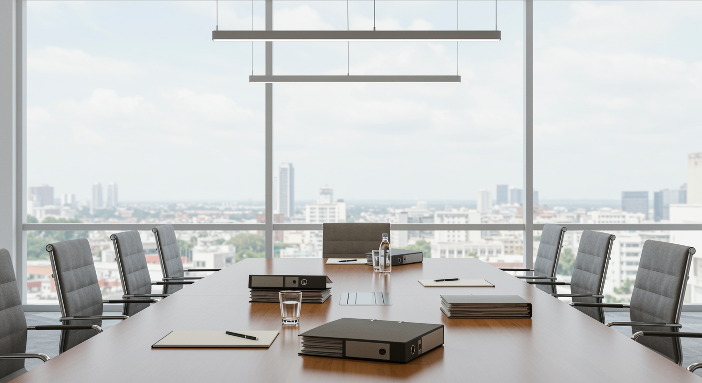 Conference room with insurance claim documents on table, bright modern office, storm damage claim service